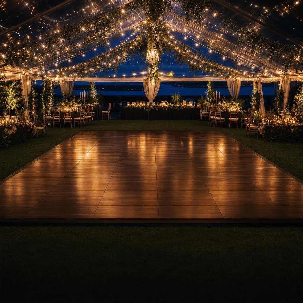Wood dance floor beneath warm lights in an event tent