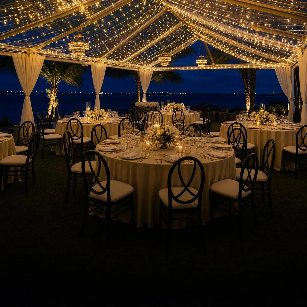 Event tables and chairs arranged beneath a lit canopy